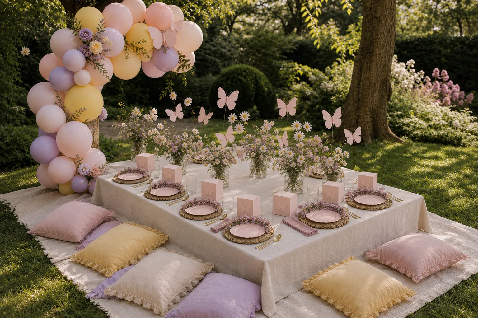 A low garden table dressed in pastel colours and paper butterflies