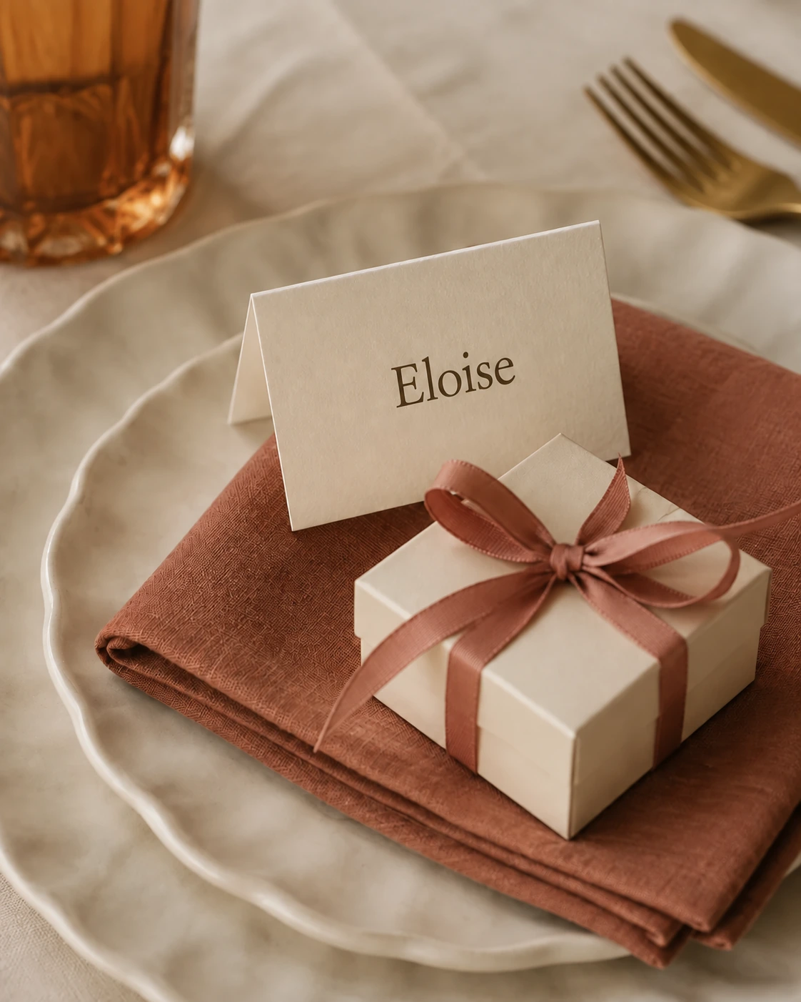 A personalized place card and ribbon-tied keepsake on a terracotta napkin