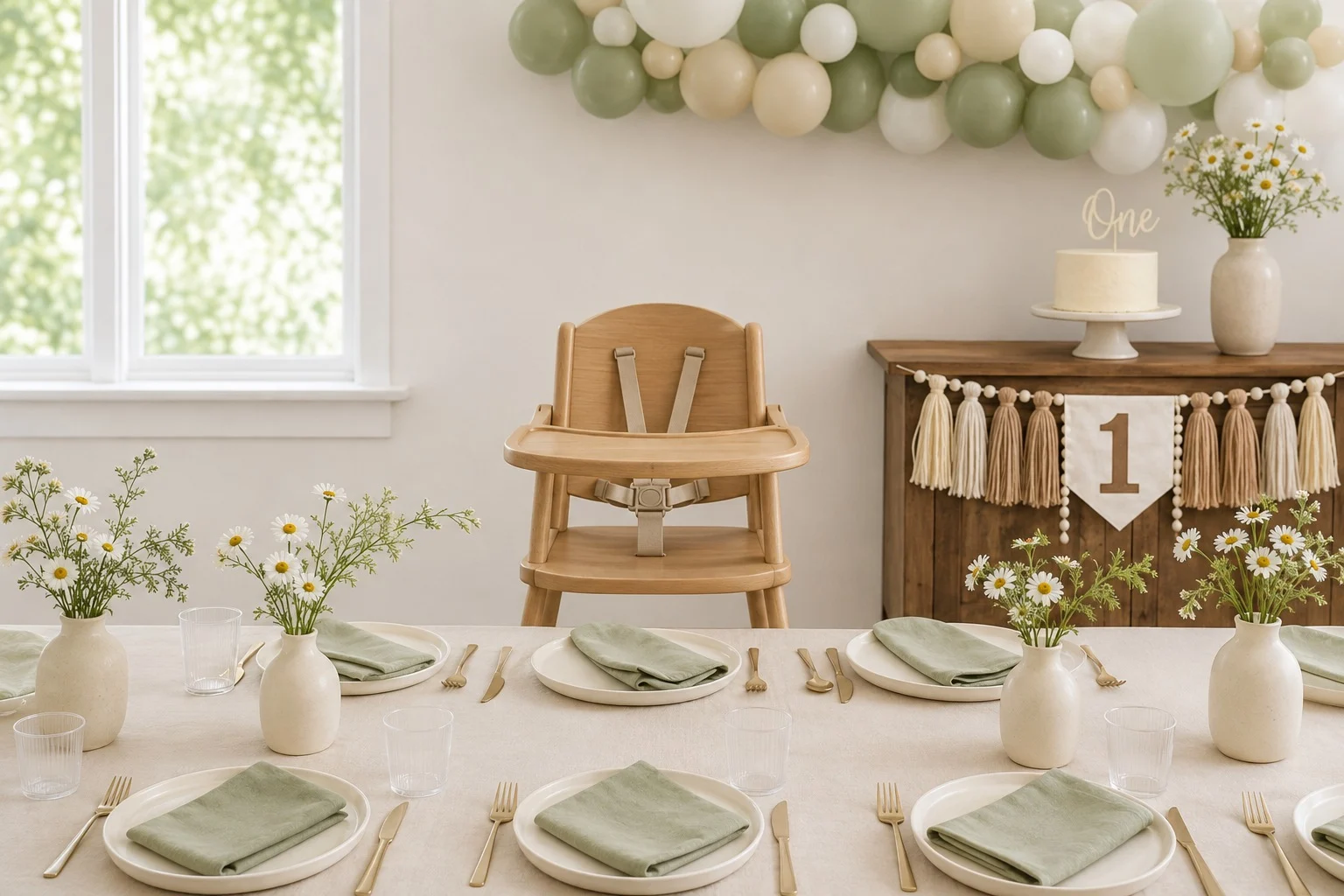 A softly coloured first birthday with a plain high chair beside a separate balloon-and-cake display